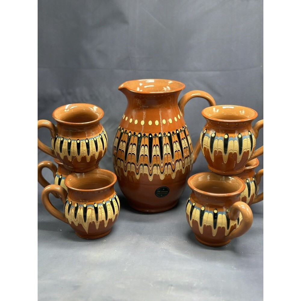 De Jonge Amsterdam Pottenbakkerij Redware Pitcher & Cups 7 Pieces